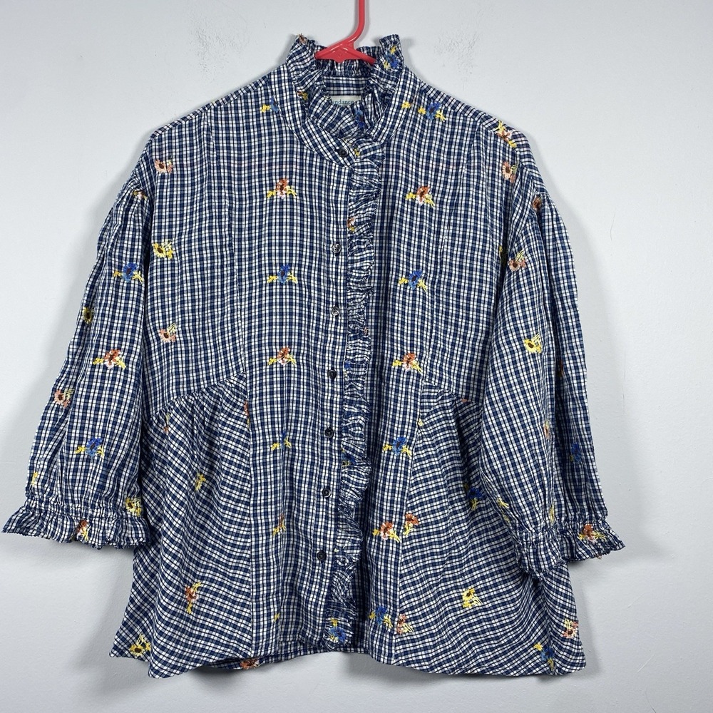 Sundance Seaside Gardens Gingham Floral Embroidered Ruffle Top Cottage Boho XS‎
